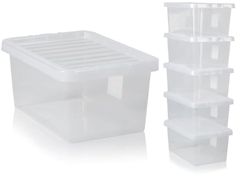 11L Small Under Bed Plastic Storage Boxes With Lids - Pack of 5. Clear, Strong, Stackable, Nestable (5x 11 Litre) Made in GB