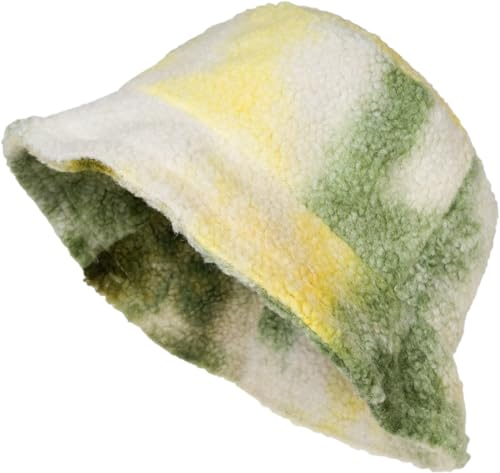 styleBREAKER Damen Fischerhut in Teddyfell im Ombré Look, Warmer Bucket Hat Herbst Winter, Farbverlauf Muster Bunt 04025038, Farbe:Dunkelgrün-Gelb-Weiß