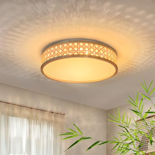LUOLONG Led Deckenleuchte Bambus Deckenlampe Rund 35w Holz Deckenleuchte 40cm Vintage Bambus Rattan Schlafzimmerlampe Dimmbar 3000-6000K Handgewebte Bambus Lampe Korridor Wohnzimmer Esszimmer
