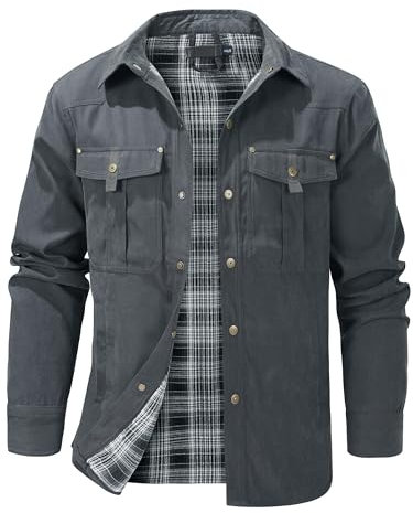 Mr.Stream Herren Karierte Flanellfutter Jacke Übergangsjacke Leicht Stehkragen Feldjacke Cargo Herbstjacke Snap Western Cowboy Jacken 3268 Grey M