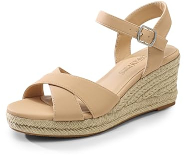 DREAM PAIRS Espadrille Dressy Wedge Sandals, Women's Platform Sandals Casual Summer, Comfortable High Heeled Wedges with Adjustable Buckle,Size 7,Nude-Nubuck,SDPW2408W