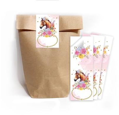 12 Geschenktüten (natur) + 12 Aufkleber Pferd Geschenktüten für Mitgebsel Gastgeschenk einpacken beim Kindergeburtstag Mädchengeburtstag