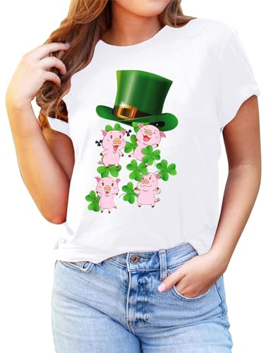 Damen Saint Bedrucktes, modisches, lässiges, kurzärmliges Oberteil mit Rundhalsausschnitt Modeschmuck (White, XXL)