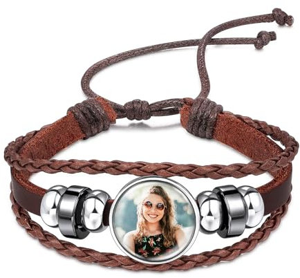 INBLUE Personalisierte Leder Armband mit Bild Inneren für Frauen Wickel Style Einstellbare Geflochtene Seil Armband mit Perlen Memorial Schmuck Geschenk für Mutter Ehefrau (Stil A - Braun)