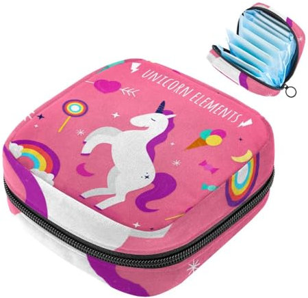 Rosa Einhorn-Elemente-Muster, Damenbinden-Aufbewahrungstasche, große Menstruationstassentasche mit Reißverschluss, Periodeneinlagen, Tasche, Slipeinlagen, Tampons für Mädchen und Frauen