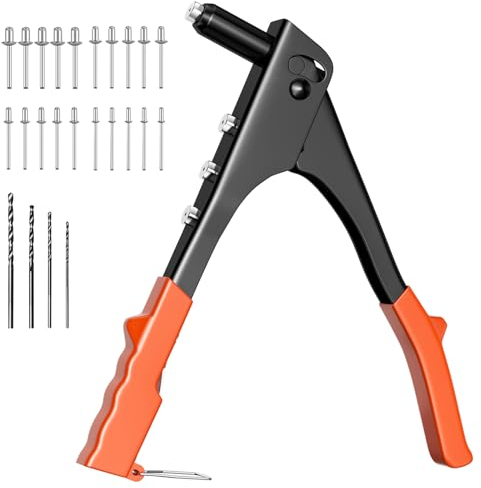 Ceisazira Juegos de Remachadora Manual, 4 Cabezas Intercambiables Pistola Remachadora, Remaches Herramientas, Remachado Alicates Profesional, Remachador Kit, Contiene 200 Piezas de Remaches y 4 Brocas