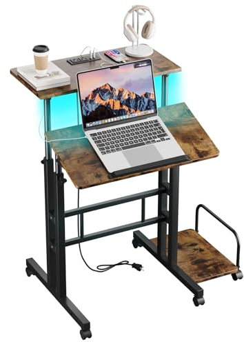 Dripex Mobile Standing Desk with Power Outlets & Strip Lights Rolling Computer Desk Adjustable Height Laptop Desk with Wheels, Portable Sit-Stand Desk Home Office Workstation, Rustic Brown