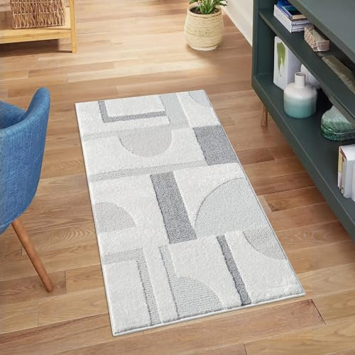 carpet city Kurzflor Teppich Grau, Creme - 80x150 cm - Wohnzimmer-Teppiche Hochtief-Muster, 3D-Effekt - Geometrisches Muster - Flachflor Bodenbelag, Deko Schlafzimmer