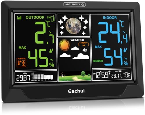 Eachui Wetterstation Funk mit Außensensor Großes Farbdisplay Funkwetterstation mit Wettervorhersage DCF Funkuhr Innen und Außentemperatur und Luftfeuchtigkeit Barometer Netzbetrieben(Schwarz)
