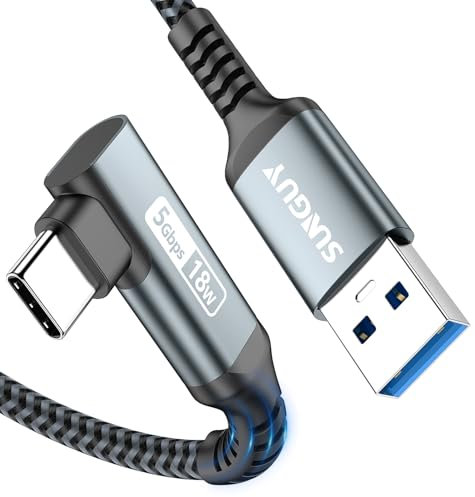 SUNGUY USB C Kabel 90 Winkel, 3Meter 5Gbps USB auf USB C Kabel, USB C Ladekabel und Datenkabel für Android Auto, Galaxy S22, SSD, Hua-wei P30/P20, Google Pixel 8/8 Pro, LG G7, Xiaomi-Grau