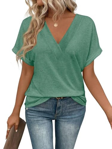 Cuptacc T-Shirt Damen V Ausschnitt Kurzarm Oberteile Damen Sommer Elegant Locker Baumwoll Tshirt Grün, XXL 50-54