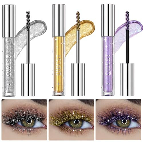 3 Farben Flüssig Glitzer Mascara,Schimmernde Mascara Lidschatten,Bunt Mascara,Langlebige Volumizing Curling Verlängerung Mascara,Wischfest,Wasserfest,Glitzer Wimperntusche für Party,Hochzeit