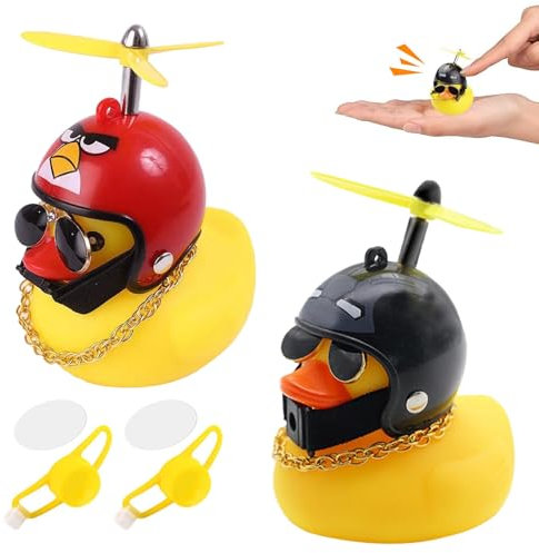 HESUSUSI Gelbe Ente Fahrrad Ornament, 2 Stück Gummiente Spielzeug Gummi Gelb Ente Auto Ente Mit Propeller Motorrad Mit Propellerhelm und Befestigungsband für Auto Fahrrad Haus Dekoration (Rot)