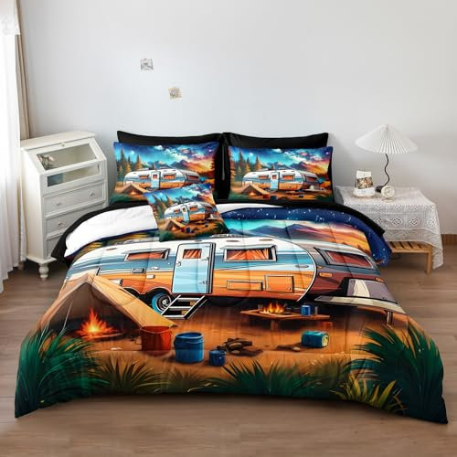 Herside Camping-Cartoon-Bettwäsche-Set mit Bettlaken, 8-teilig, Queen-Size-Größe, wildes Abenteuer, Wohnmobil, Vintage-Bauernhaus-Zimmer-Dekor, Bettwäsche-Set, atmungsaktiv, gemütliches Bett in einer