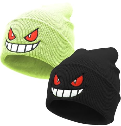 Cute Embroidered Anime Beanie Hat für Erwachsene, 2 Stück Unisex Beanie Verschluss, Mädchen Jungen Warmmütze Strickmütze, Stylish and Warm, Perfect for Men and Women, Schwarz, fluoreszierendes Grün
