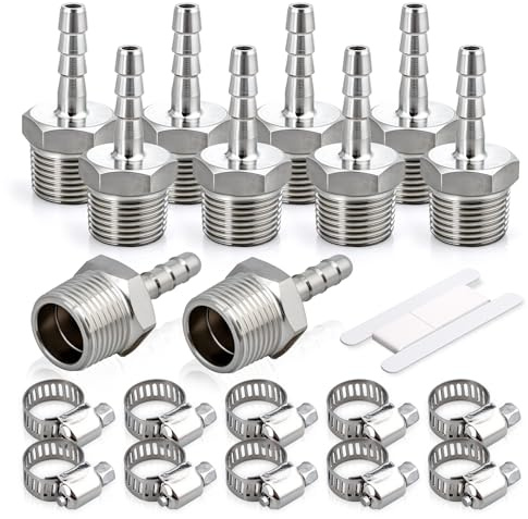 Bwintech 10 pezzi raccordi a barra in acciaio inox, 3/8” BSP maschio x 8MM connettore a barra con 10 pezzi morsetti, raccordi a barra adattatore per aria, carburante, acqua, olio