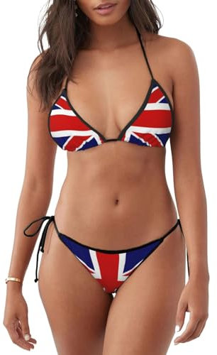 Maillot de bain élégant pour femme, imprimé drapeau anglais, bikini dos nu avec bretelles réglables, pour la plage et la piscine, Noir , XXL