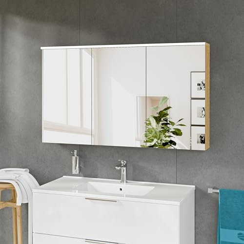 BERNSTEIN - Armoire de toilette à glace miroir Chêne miel salle de bain suspendu éclairage LED 120x19x71cm 3 portes + interrupteur tactile - VARO
