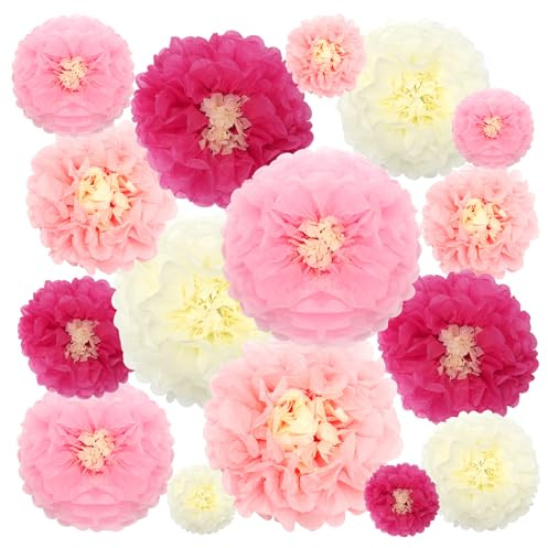 Paper Flowers Decorations, Kaluofan 16 PCS Paper Pom Poms Decorations Hanging, Pompoms Flower Pink Party Decorations for Birthday Wedding Festival Carnival Mexican Party