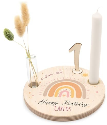 GRAVURZEILE Bedruckter Geburtstagsteller aus Holz - Regenbogen Pastell Rosa - Personalisiert mit Name & Datum - inkl. Kerzenhalter, Glasvase & Zahlen 0-9 - Geschenk für Baby & Kinder zum Geburtstag
