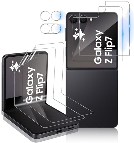 Aerku Protector de pantalla para Samsung Galaxy Z Flip 7 para cristal blindado, [2 unidades de lámina exterior + 2 unidades interiores flexibles de protección de cristal y 2 protectores de cámara], 9H