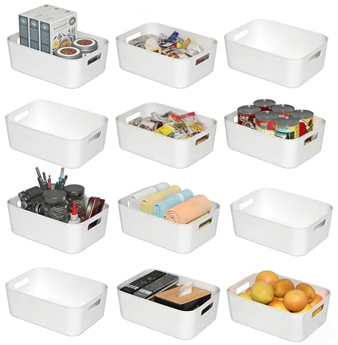 Yesdate Plastic Pantry Storage Bins, 12-Pack White Snack Organizers Box | Kitchen Shelf Organizer Baskets for Packets, Pouches, and Bars, Stackable, Easy-Grip Open Front