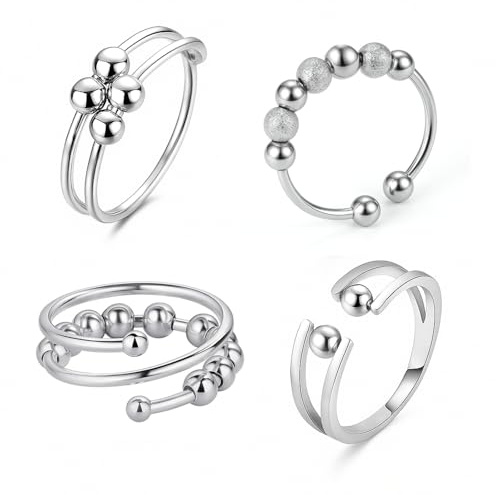 JYNXOR 4 Pcs Anti Stress Fidget Ring Verstellbare, Anxiety Ring Mit Beweglichen Perlen, Offener Spinner Für Damen, Adhs Hilfsmittel, Linderung Von Ängsten, Vital Ring Für Mädchen & Frauen, Silber