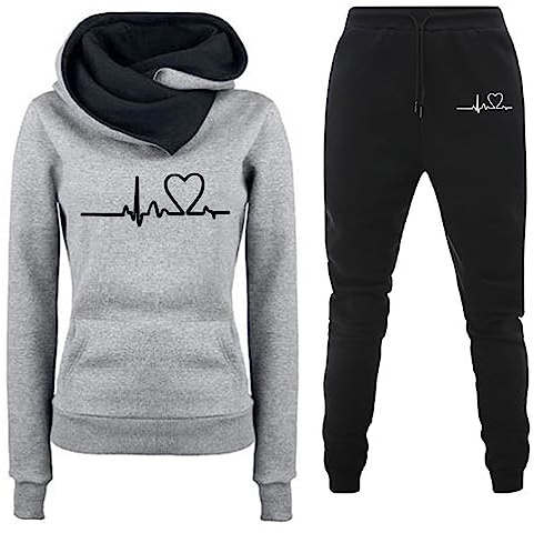 NZYIHAO Jogginganzug Damen Sportlich Hausanzug Elektrokardiogramm Druck | Trainingsanzug Sportanzug Langarm Kapuze Freizeitanzug Loungewear für Frauen Elegant Zweiteiler Kuschelig Homewear Lounge Set