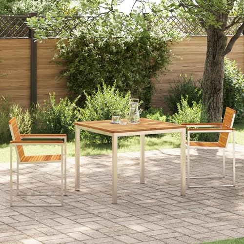 IBUQDDV 3-teilige Garten Essgruppe aus Massivholz Akazie mit 4 Stühlen für Terrasse und Balkon, wetterfestes Outdoor Set mit Edelstahl Gestell und kompaktem Design