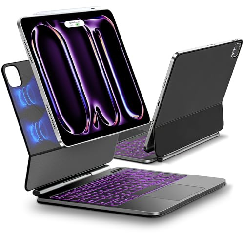 Étui pour iPad Pro 13 avec clavier (M5 2025 M4 2024), étui magnétique puissant pour iPad avec support réglable à 130°, pavé tactile multi-touch, rétroéclairage 7 couleurs, saisie silencieuse, surface