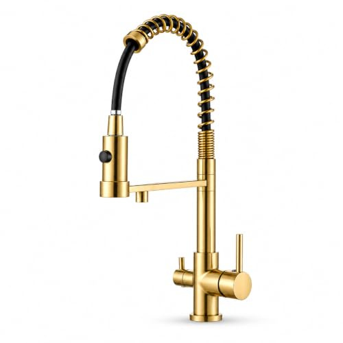 Ari 3-Wege Küchenarmatur Ausziehbare Brause Mischbatterie Küche Mit 360 Grad Schwenkbarem Auslauf Wasserhahn Spültischarmatur Gebürstetes Gold Flexibler Federauslauf Solid Spring
