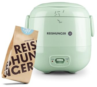 REISHUNGER Mini Reiskocher – 0,3L – 1-2 Portionen – Starterset – Salbeigrün | hochwertige Keramikbeschichtung – Premium Topf – Handliche Größe – Im Vorteils-Set mit 8 leckeren Reissorten