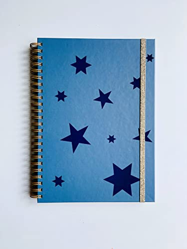 DIN A5 Notizbuch - Notebook - diary - STARS - BLAU - BLANKO - goldene Spiralbindung, fester Einband