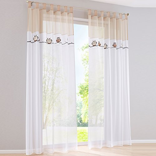 HongYa 1er-Pack Voile Eule Muster Bestickte Gardine Transparenter Vorhang Dekoschal H/B 175/140 cm Sand mit Schlaufen