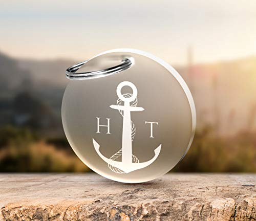 CHRISCK design Schlüsselanhänger rund mit Anker und Initialen Gravur aus Acrylglas schöne Geschenkidee für Freund, Freundin für Paare, Freunde Freundinnen