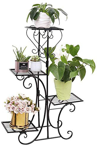 GuoCu Scaffale Porta-Fiori 4 Ripiani Ferro Fioriera Verticale a Scala da Balcone Giardino,Portavasi in Ferro Scaffale Porta-Fiori Nero Taglia Unica