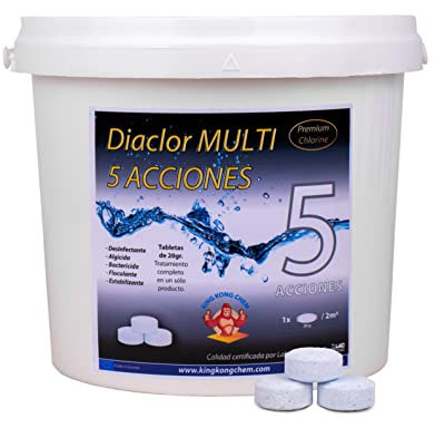 Cloro Piscinas Pequeñas DIACLOR Multi 5 ACCIONES 5 KG - 250 Pastillas de Cloro Lento (20 gr - 3 cm Diámetro) - Tratamiento Completo Multiacción - SIN Cobre -