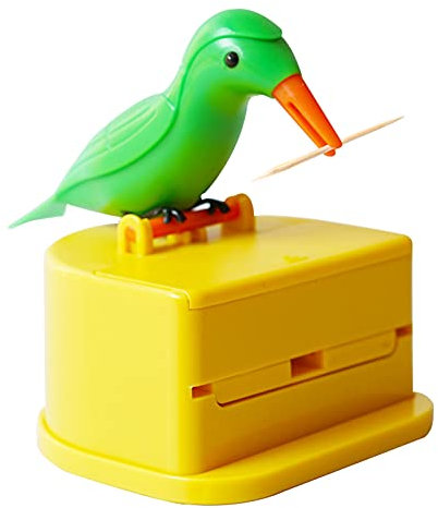 Dephnes Woodpecker Zahnstocherspender, kleiner Vogel, automatischer Zahnstocherhalter mit Zahnstocherbox, tragbar, Kunststoff, Küchendekoration, 1 Stück (Gelb und Grün)