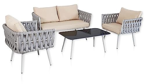 Lycce Terrassenmöbel Gartenmöbel Set Sitzgruppe Garten Weave geflochten Rubber-Cotton grau 4-Sitzer