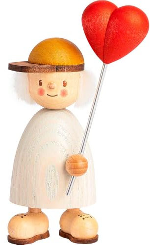 Kuhnert Drechslerei Dekoration/Holzfigur aus Massivholz mit Schafwollfrisur - Finn & Finja - Motiv: Finn mit Herzballon - Höhe: ca. 9cm - Made in Germany