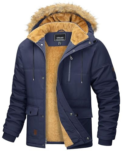 MAGCOMSEN Herren Fleece Parka Gefüttert Outdoor Winterjacke Winddicht Freizeitjacke Warme Daunenjacke Männer Fahrrad Arbeitsjacke Dick Wandern Mantel mit Abnehmbar Kapuze Dunkelblau XL