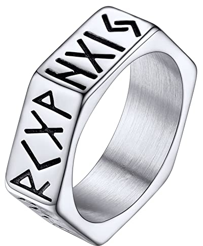 FaithHeart 7mm breit Bandring für Herren Jungen Punk Stil Viking Rune Fingerring Gemotrischer Hexagon Ring für Papa Freunden Ehemann