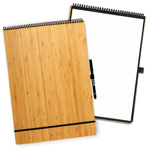 BAMBOOK Notepad - Bambus-Holz Hardcover - A3 - Gepunktet, Wiederverwendbares Notizbuch, Notizblock, Reusable Notebook