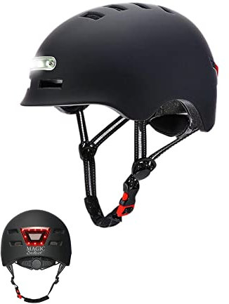 Casque de Vélo ou Scooter avec Feu Arrière Rouge + Lumière LED Avant Blanche. Casque VVT, Scooter Électrique, Patins. Casque avec Doublure Amovible, Coque PC + EPS, 14 Aérations et Câble USB.
