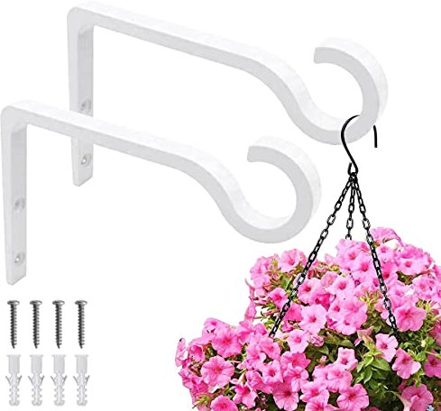 HZSOOCH 2Pack Hanging Basket Bracket, 6 Inch Wall Hanging Hooks Hanger, Heavy Duty Hanging Brackets with Screws for Flower Basket Plants Bird Feeder Wind Chimes (White)
