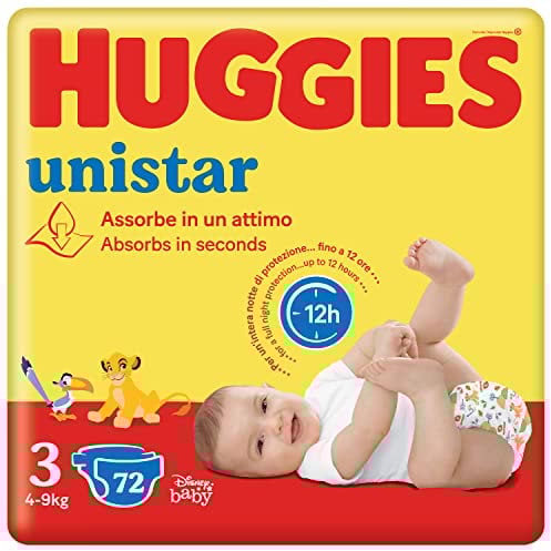 Huggies Unistar, Pannolini Taglia 3 (4-8 Kg), Design Disney, Ultra assorbente, Protezione completa, 72 Pz
