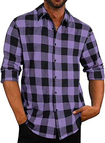 APOONABA Camicia di Flanella Uomo Manica Lunga Cotone Shirts con Bottoni Casual a Quadri Classica Elegante Check Camicia Regular Fit Lungo Molla Autunno Estate Viola XL