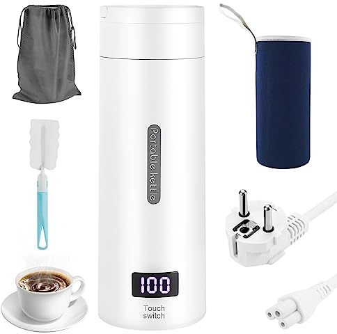 Mini Bouilloire Electrique de Voyage, 3 en 1 Mini Thermos Chauffant 380ml Bouilloire Electrique Portable 4 Temperature Reglable avec Arrêt Automatique pour Thé, Lait, Café