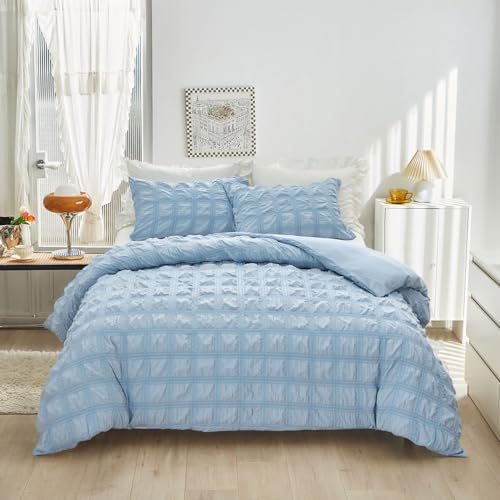 YASMENG Bettwäsche Seersucker 200x220 Sommer Blau Kariert Bettwäsche Weich Flauschig Atmungsaktiv Mikrofaser Bettwäsche 3 Teilig Romantisch Deckebezug mit Reißverschluss und 2 Kissenbezüge 80x80 cm