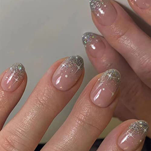 Agasar 24pcs Short Oval False Nails Glitter Silver Tip Stick on Nails Nude Pink Press on Nails Removable Glue-on Nails Fake Nails Acrylic Full Cover Nails Women Girls Nail Art Accessories